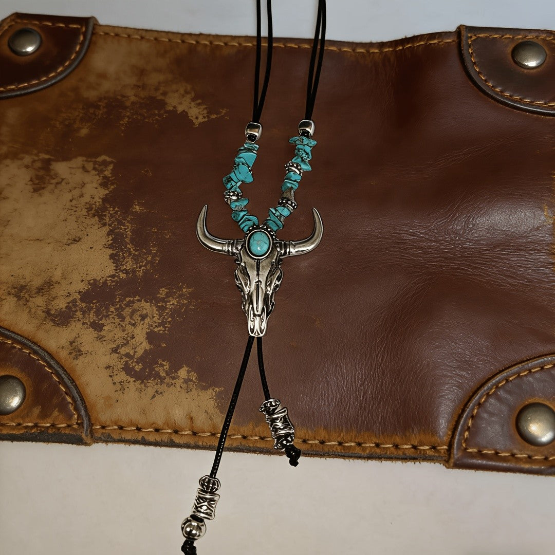 Turquoise Bull Skull Bolo Necklace