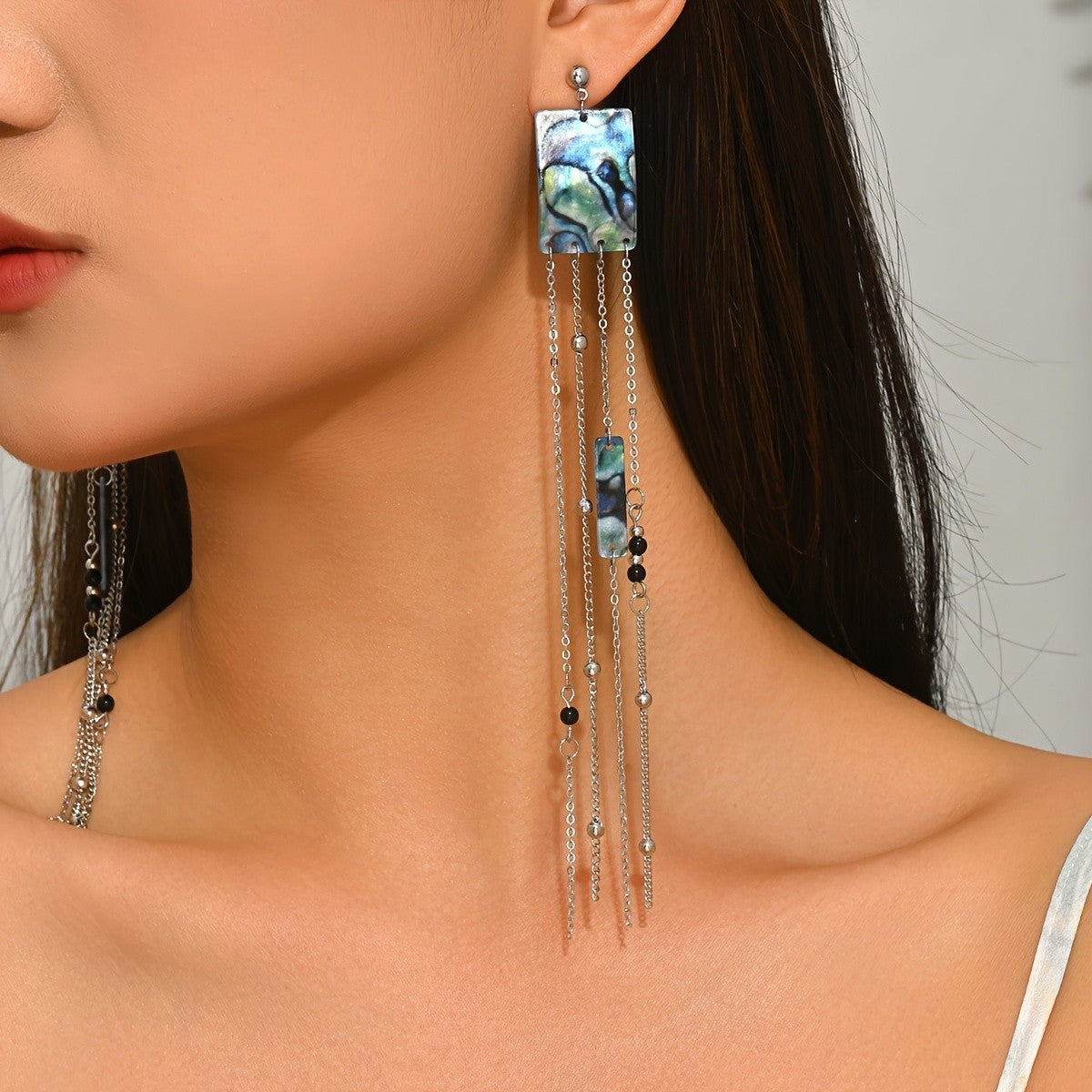 Abalone Square Tassel Earrings