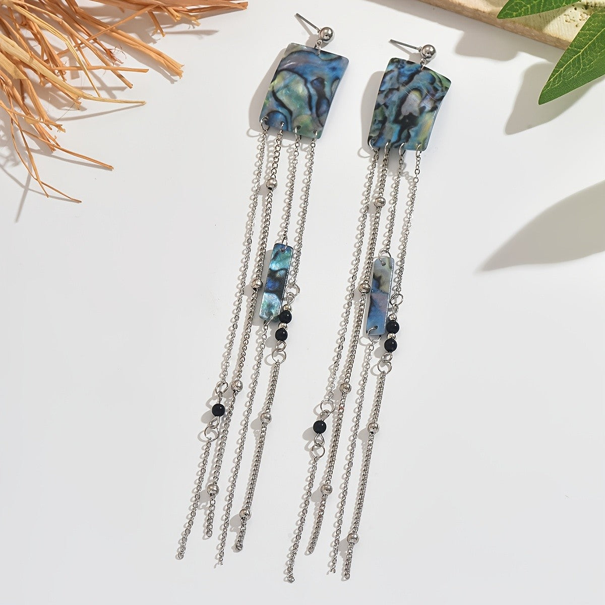 Abalone Square Tassel Earrings