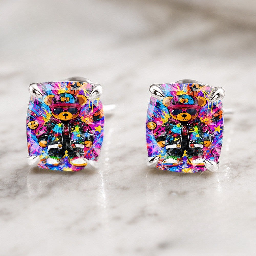 Colorful Graffiti Bear Square Stud Earrings