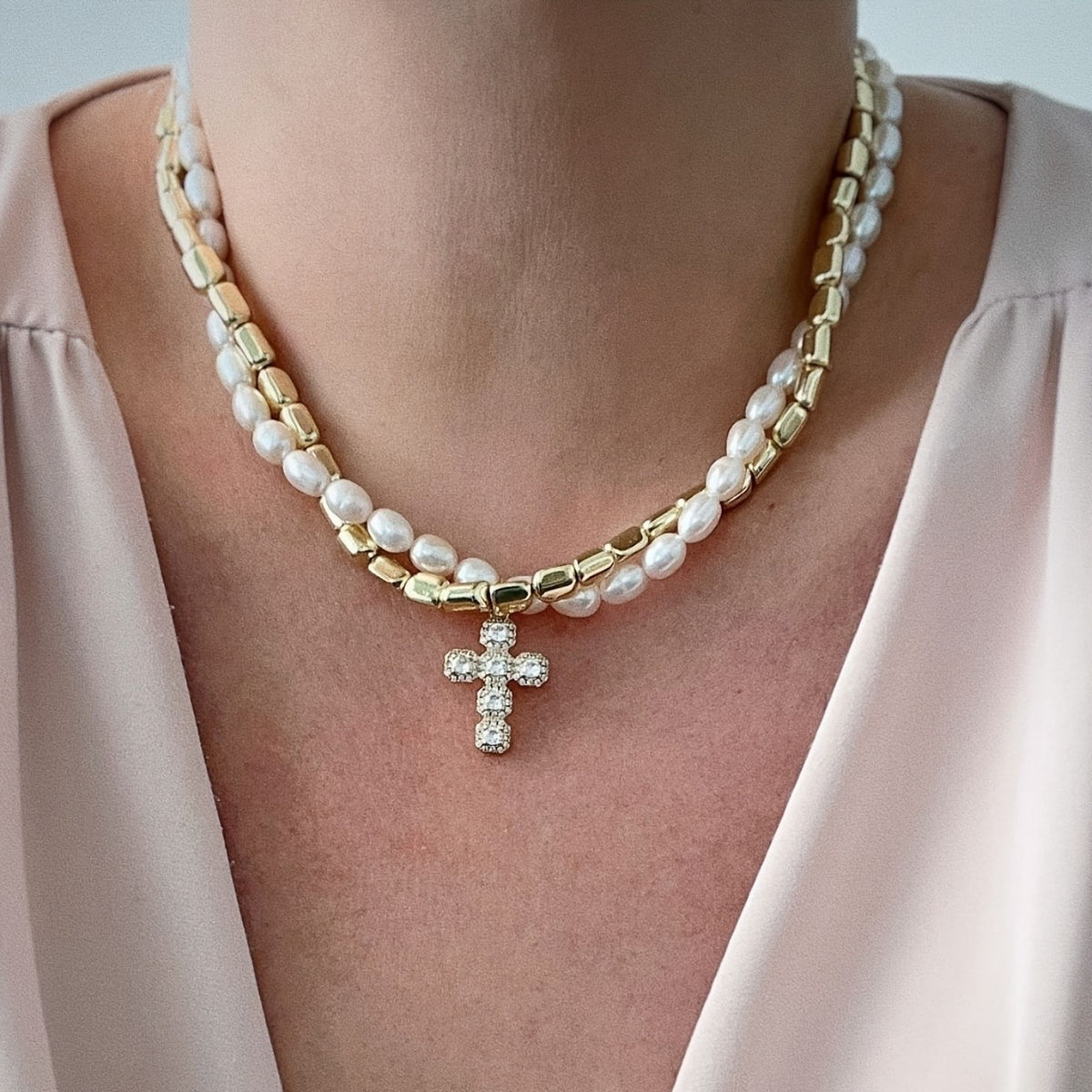 Baroque Pearl & Crystal Cross Necklace