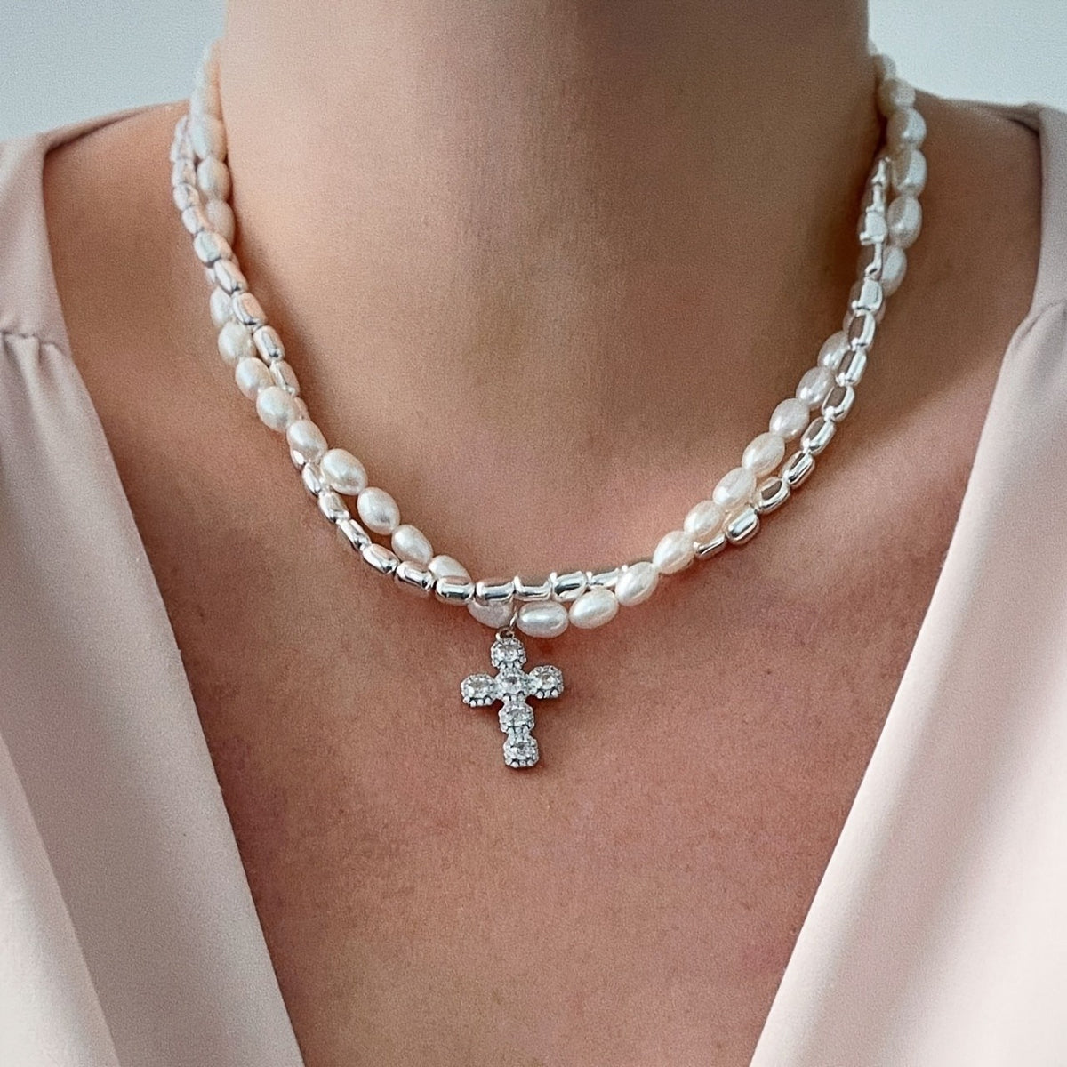 Baroque Pearl & Crystal Cross Necklace