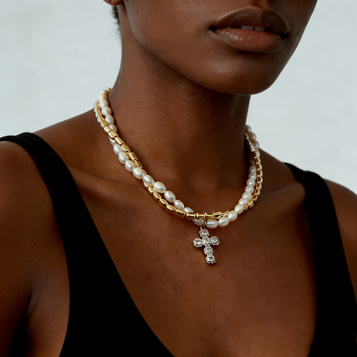 Baroque Pearl & Crystal Cross Necklace