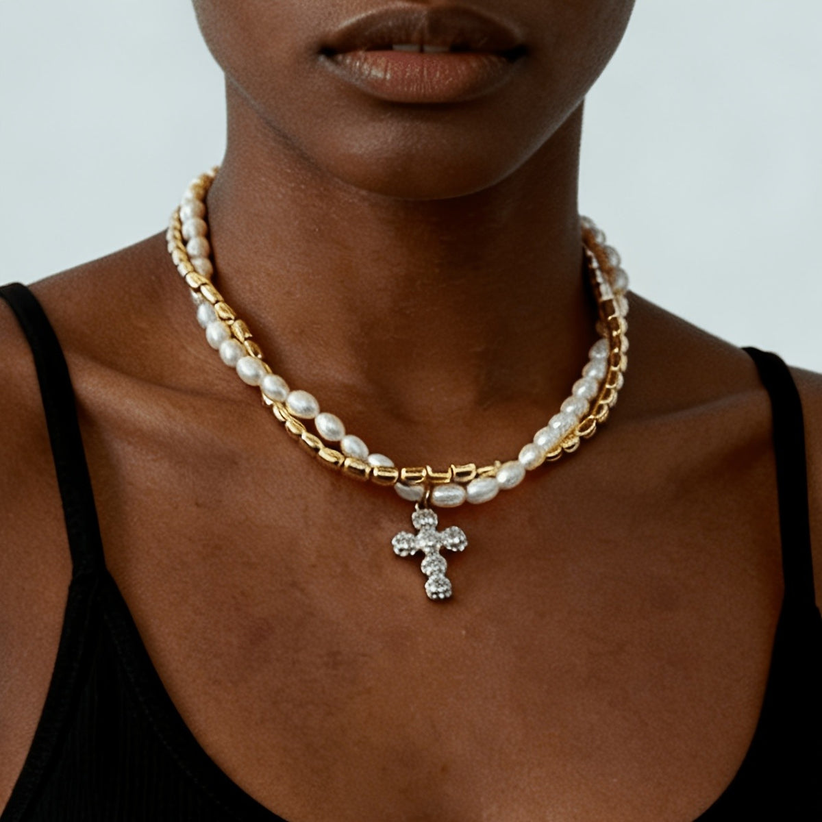 Baroque Pearl & Crystal Cross Necklace