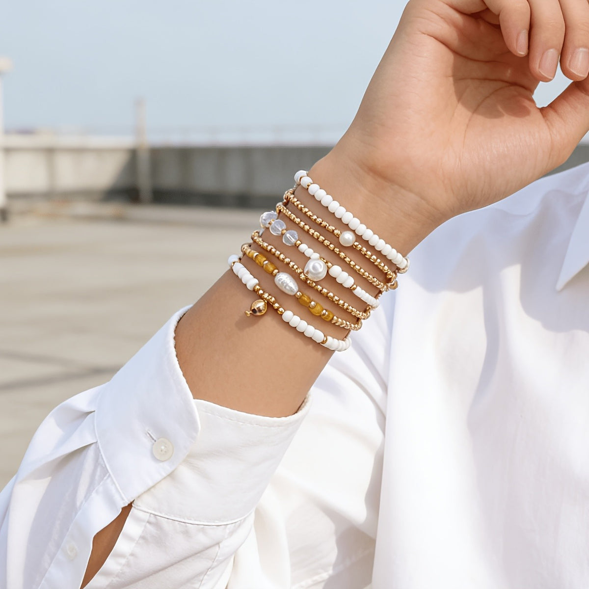 White Pearl & Gold Bead Bracelet Set