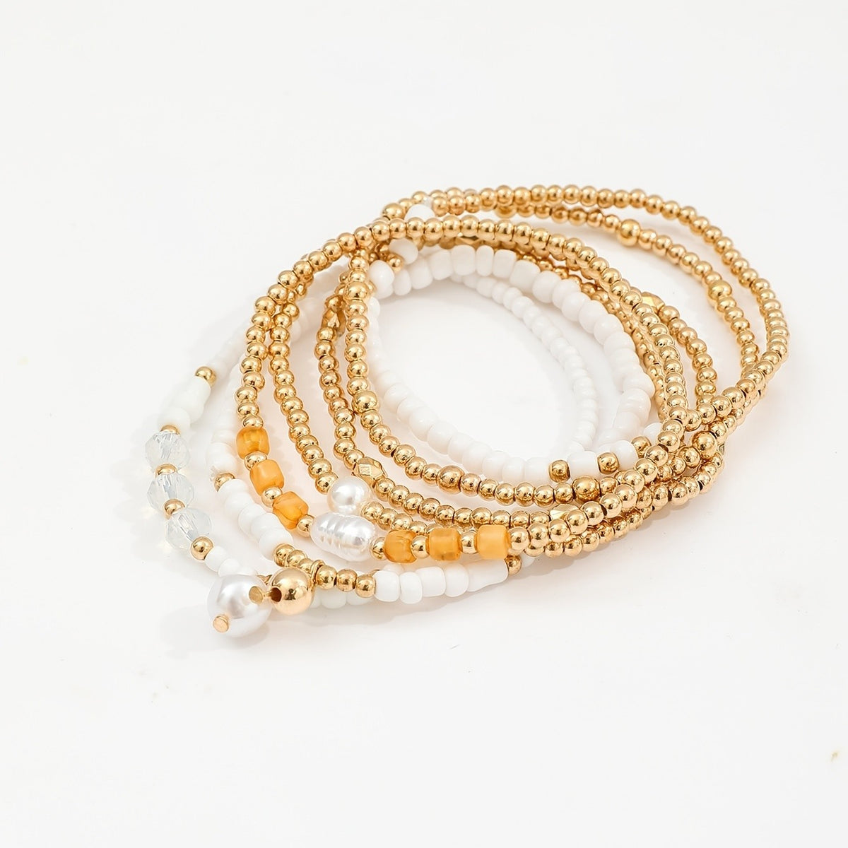 White Pearl & Gold Bead Bracelet Set