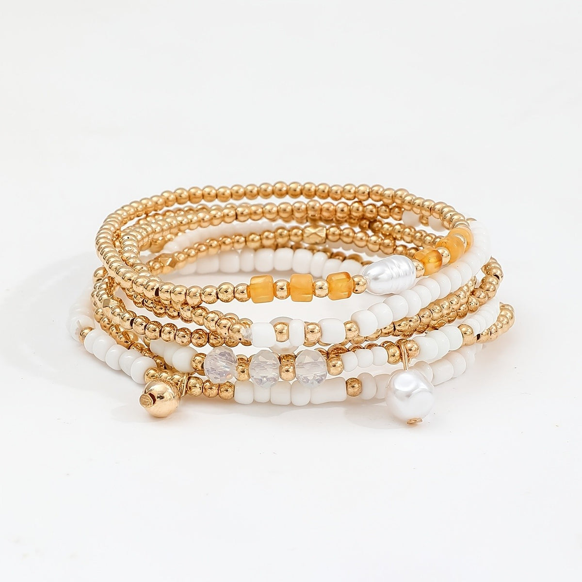 White Pearl & Gold Bead Bracelet Set