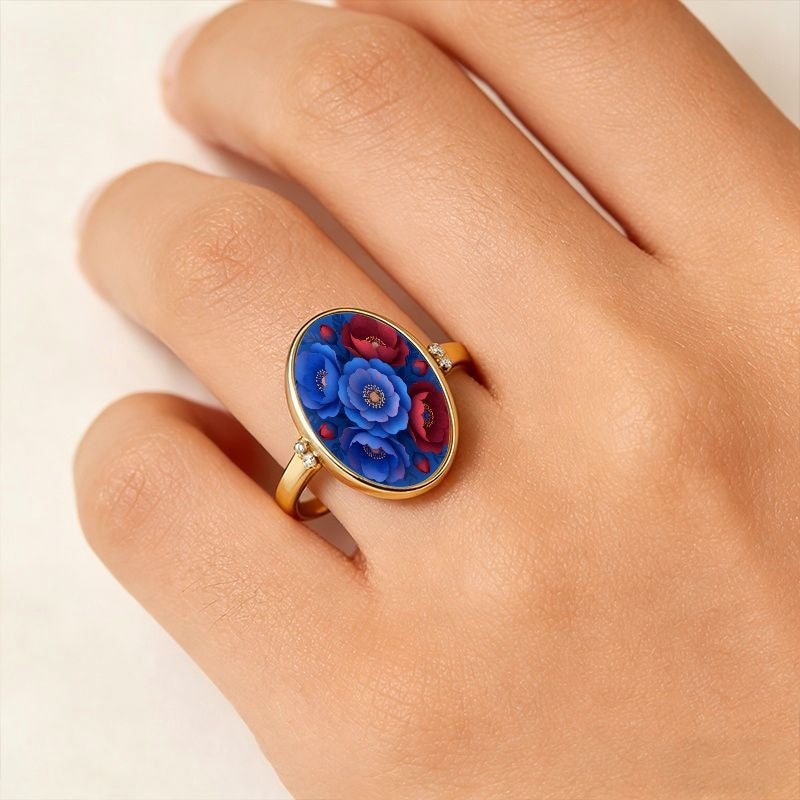 Blue & Red Floral Oval Ring