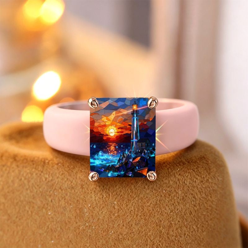 Lighthouse Sunset Glass Square Ring