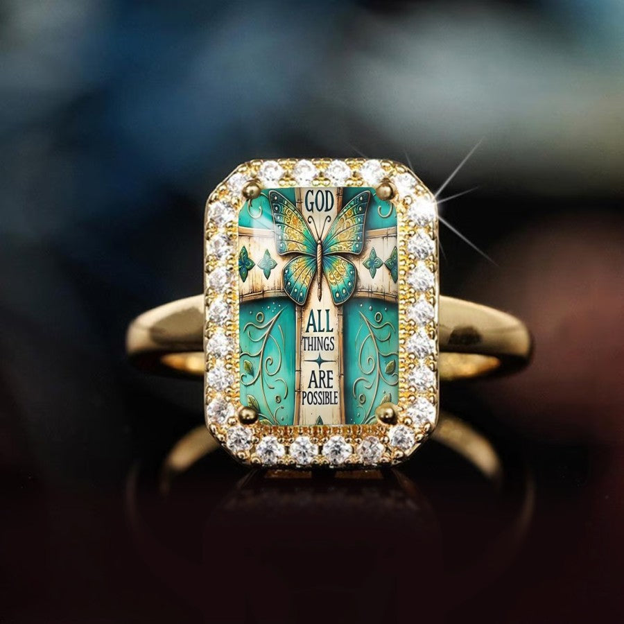 Teal Butterfly Scripture Rectangular Ring