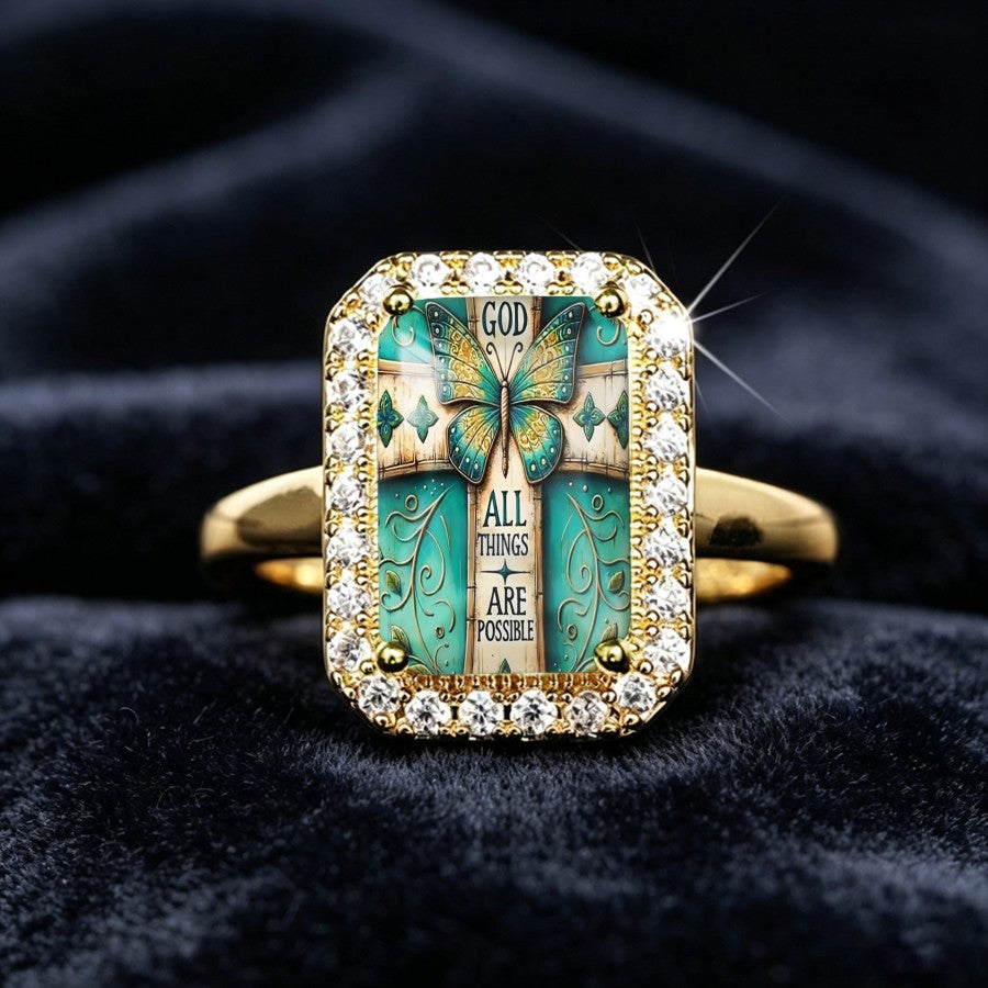 Teal Butterfly Scripture Rectangular Ring