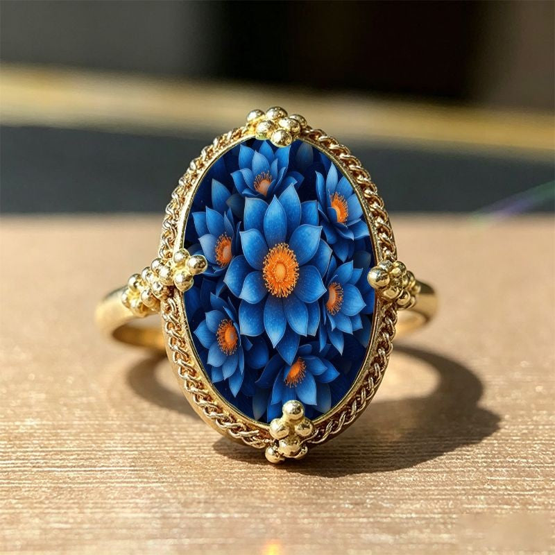 Blue Water Lily Oval Ring