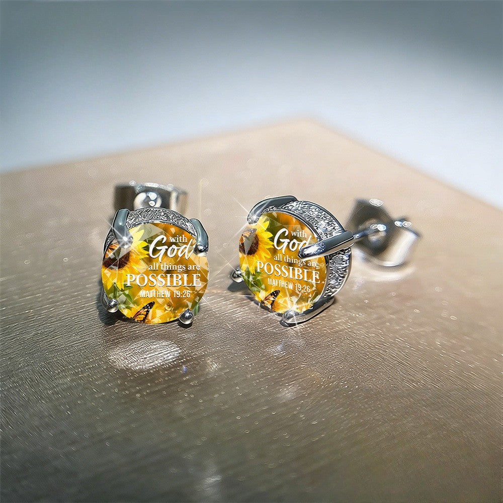Sunflower Scripture Glass Stud Earrings