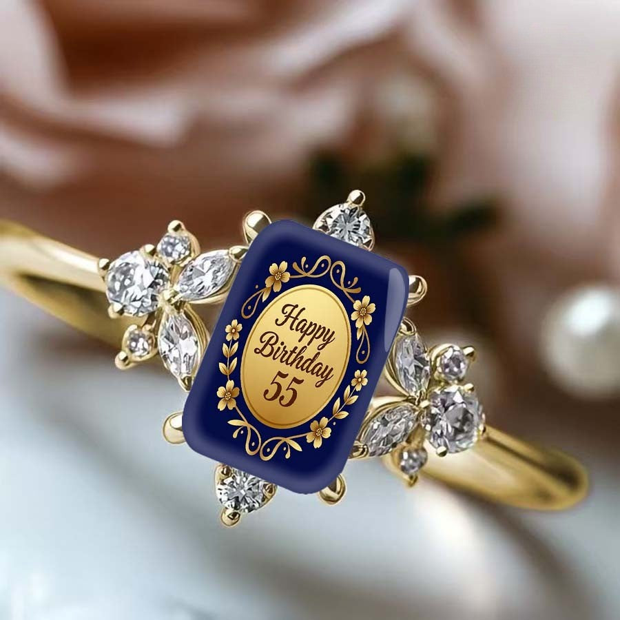 Happy Birthday 55 Blue Glass Ring