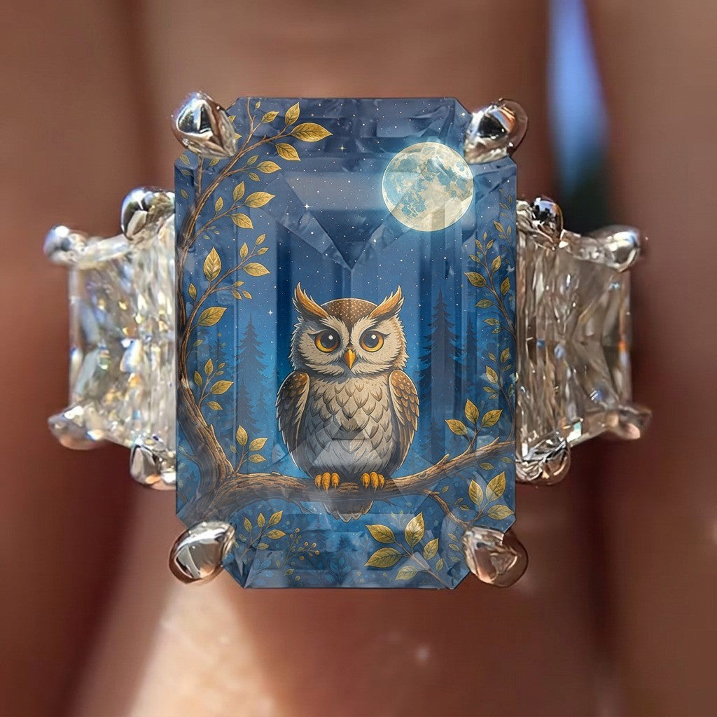 Owl & Moon Rectangular Ring