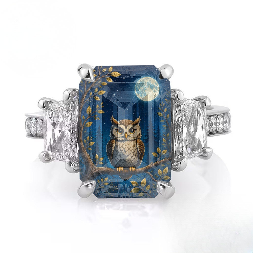 Owl & Moon Rectangular Ring