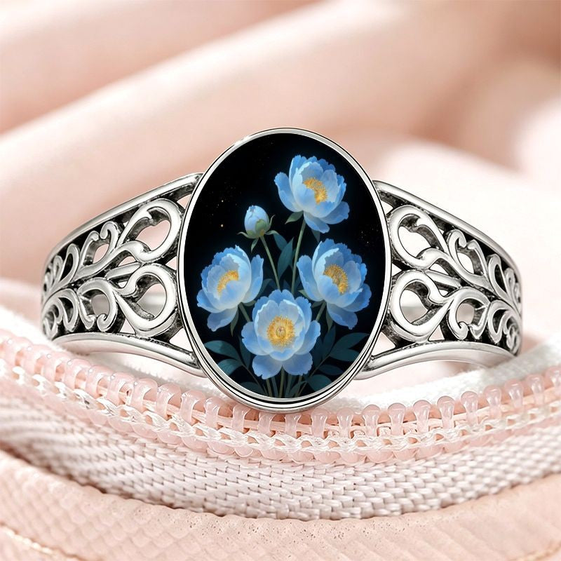 Blue Peony Oval Ring