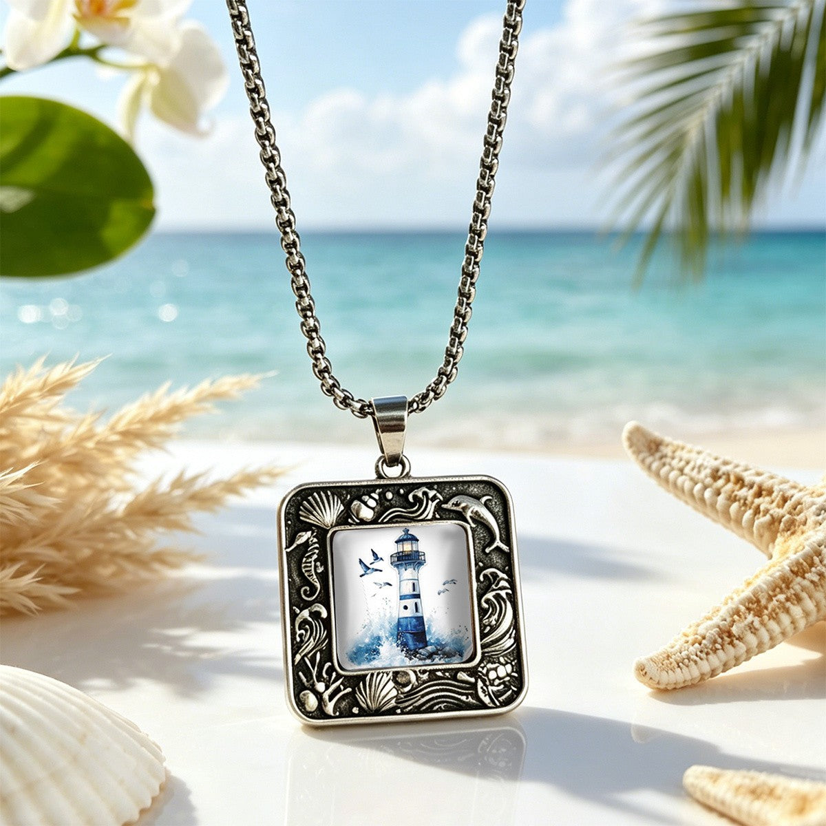 Nautical Lighthouse Square Pendant Necklace