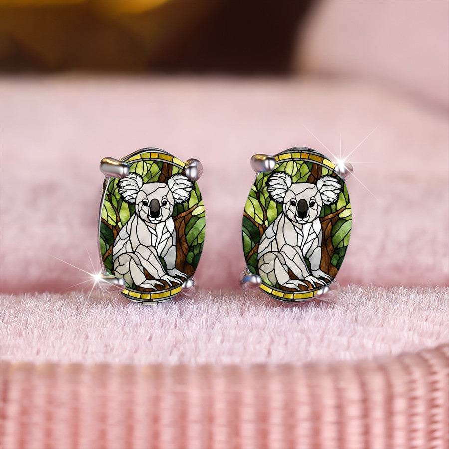 Stained Glass Koala Oval Earrings