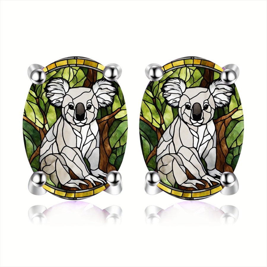Stained Glass Koala Oval Earrings