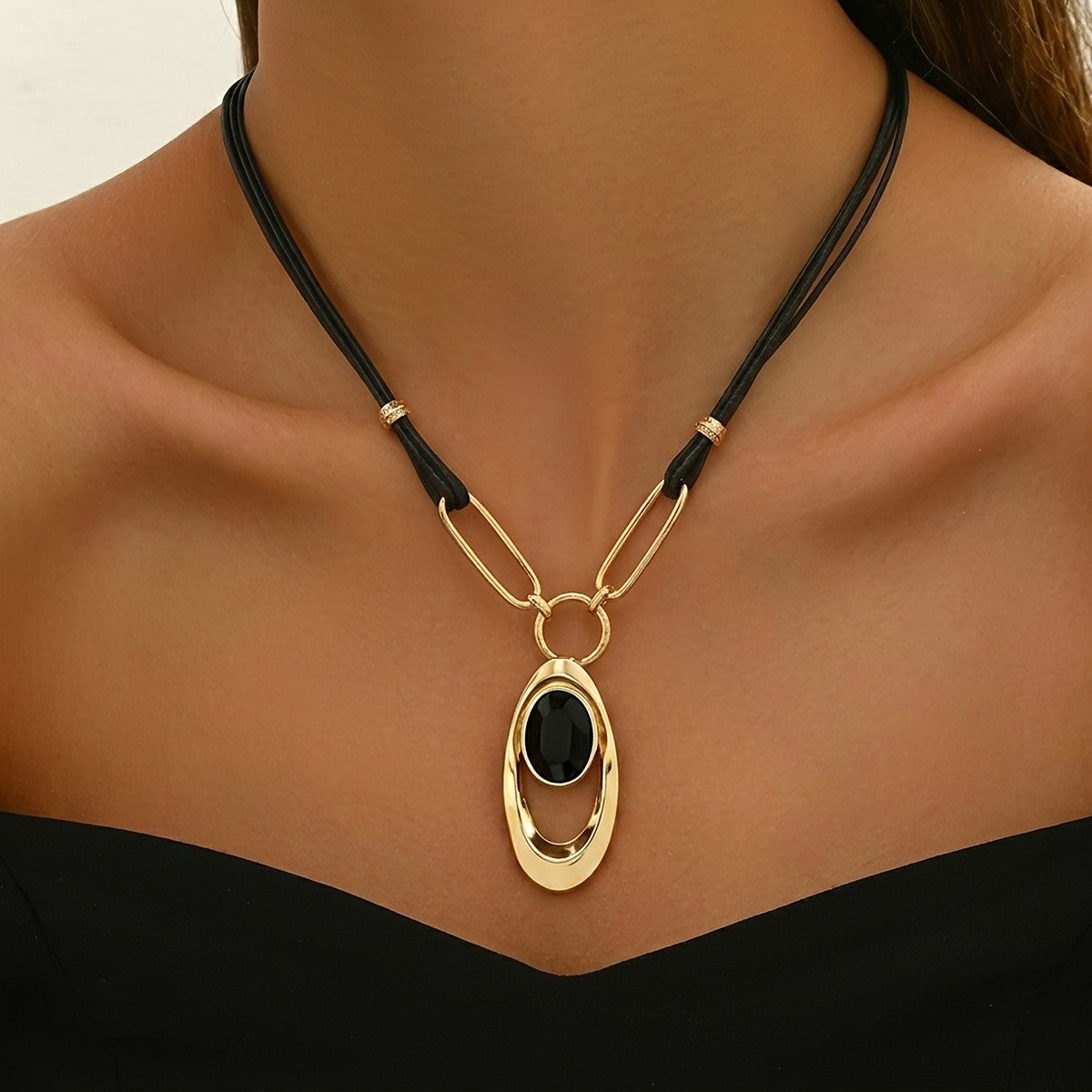 Oval Stone Geometric Cord Necklace