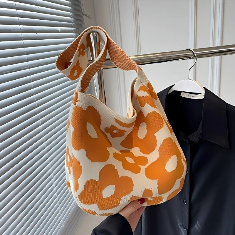 Orange Floral Knit Tote Bag