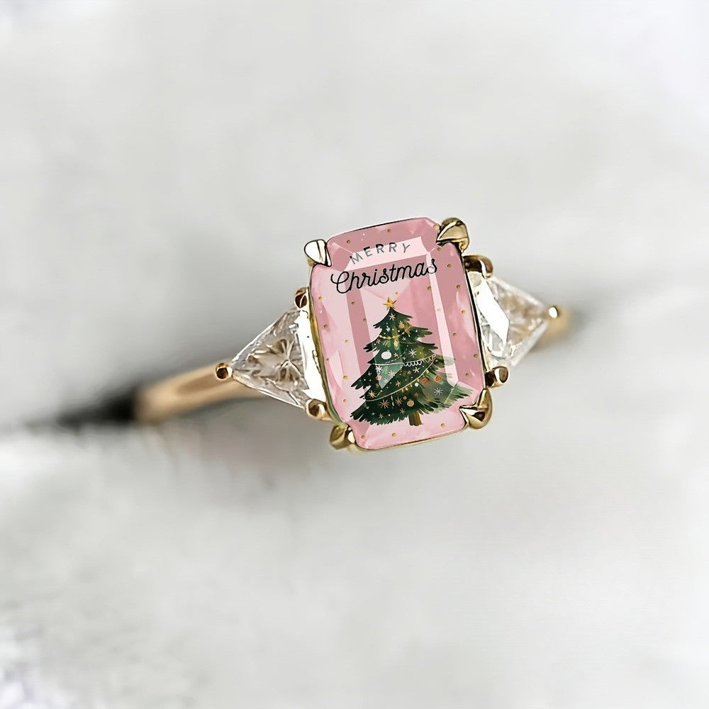 Pink Christmas Tree Rectangular Ring