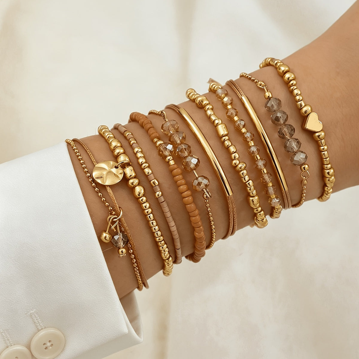 Khaki Bead & Heart Charm Bracelet Set