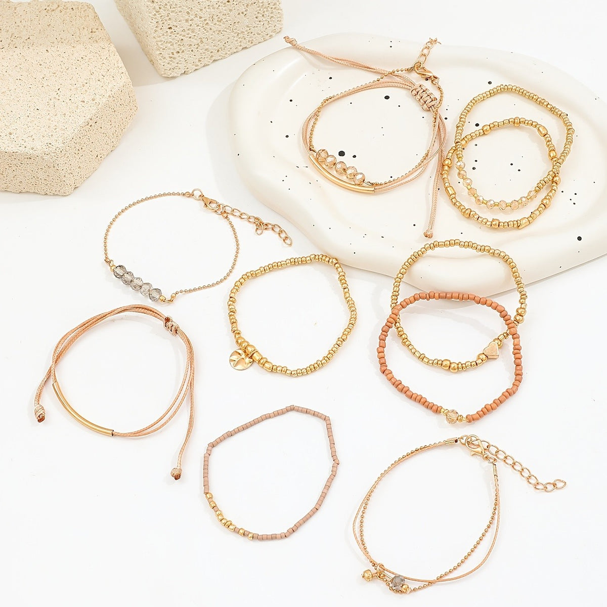 Khaki Bead & Heart Charm Bracelet Set