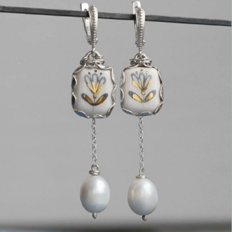 Enamel Floral Square Pearl Drop Earrings