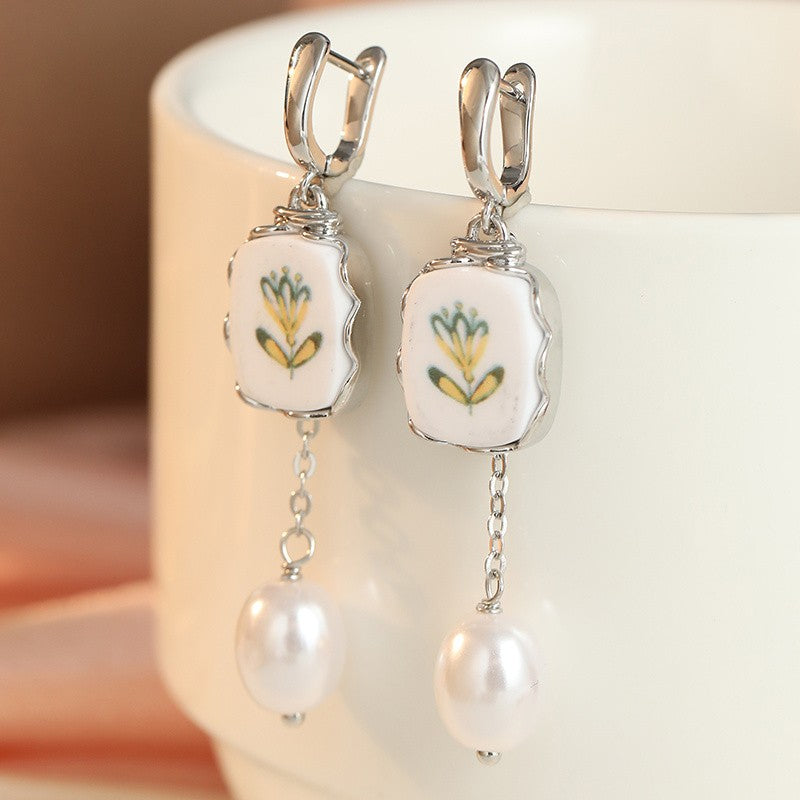 Enamel Floral Square Pearl Drop Earrings