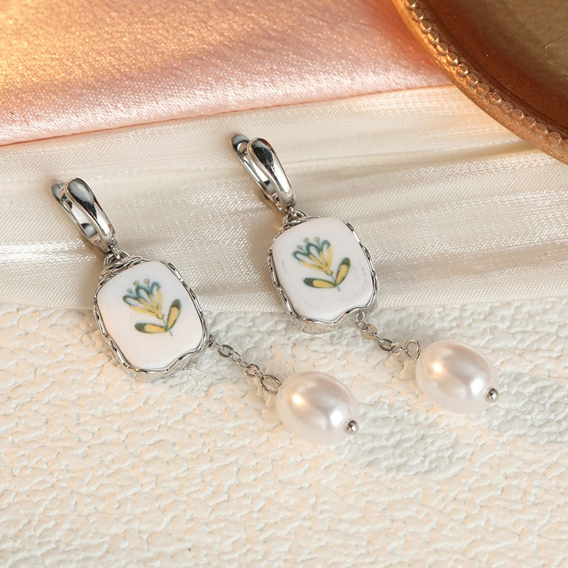 Enamel Floral Square Pearl Drop Earrings