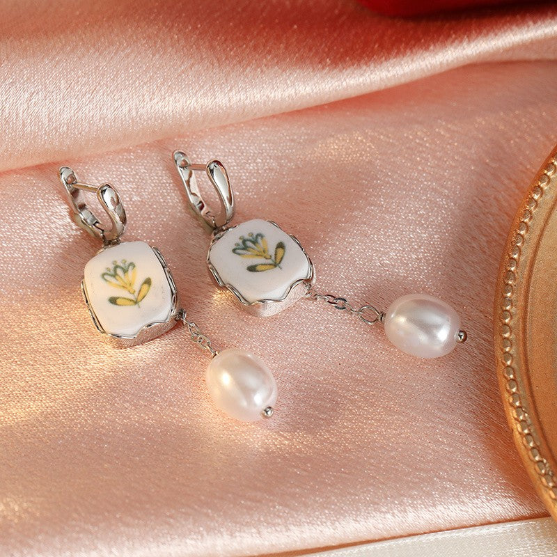 Enamel Floral Square Pearl Drop Earrings