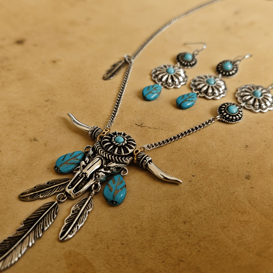 Turquoise Bull Skull & Feather Jewelry Set