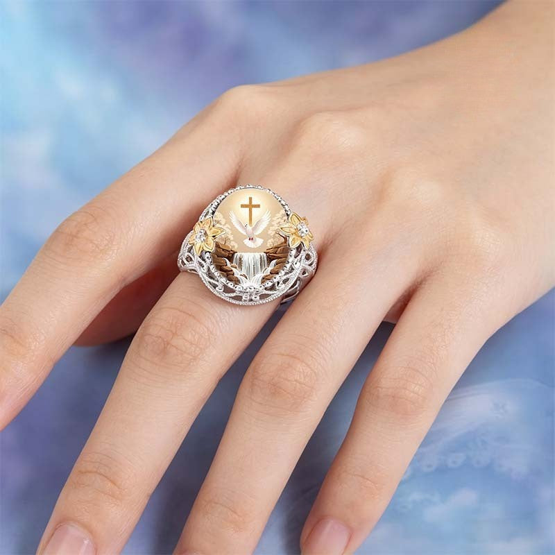 White Dove & Cross Landscape Ring