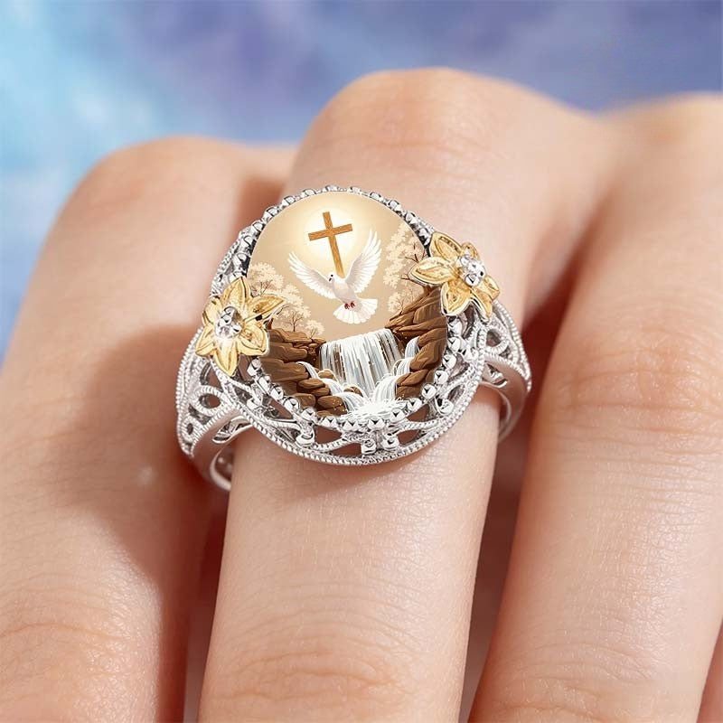 White Dove & Cross Landscape Ring