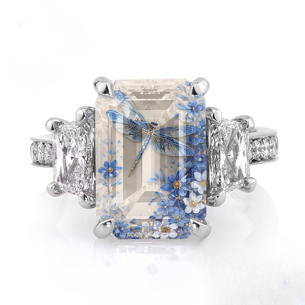 Blue Dragonfly Floral Ring