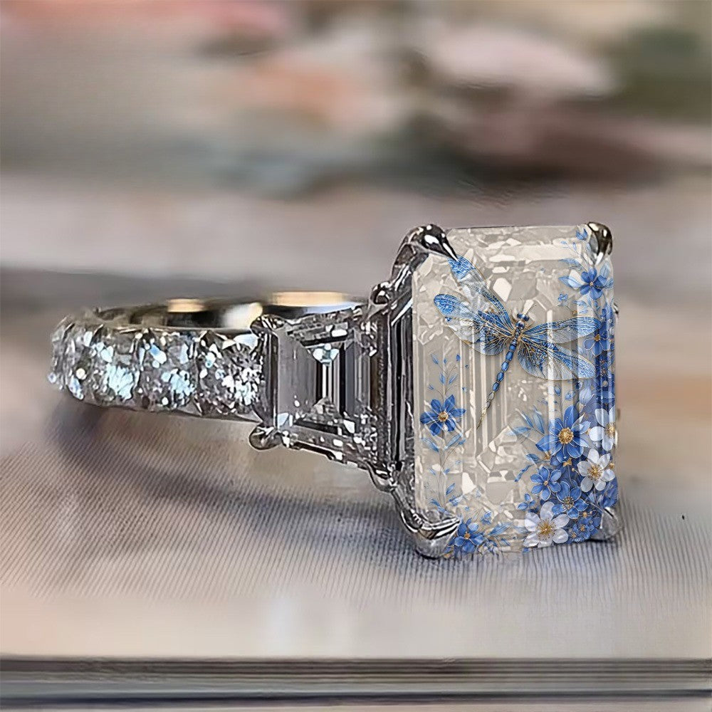 Blue Dragonfly Floral Ring