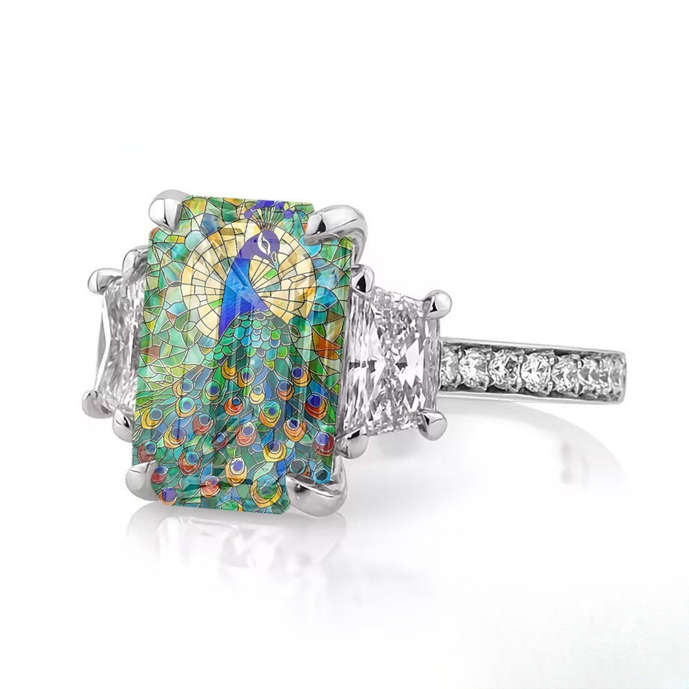 Square Peacock Stained Glass Ring