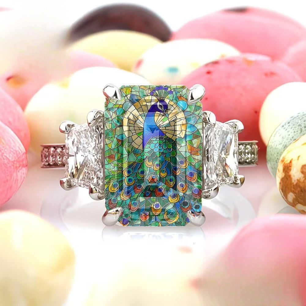 Square Peacock Stained Glass Ring