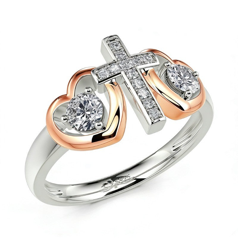 Two-Tone Cross Heart Crystal Ring