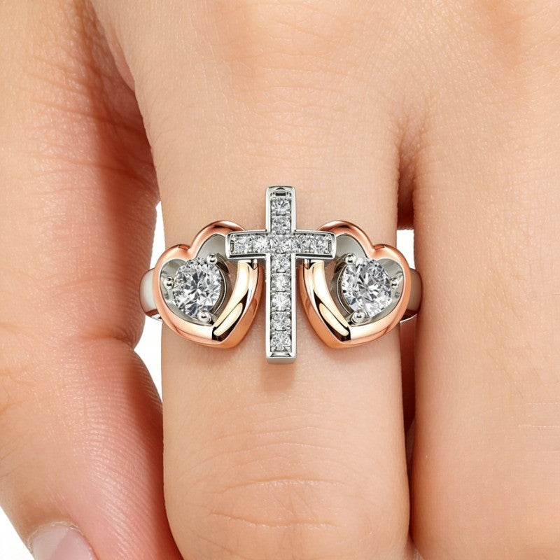 Two-Tone Cross Heart Crystal Ring