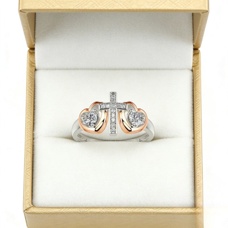 Two-Tone Cross Heart Crystal Ring