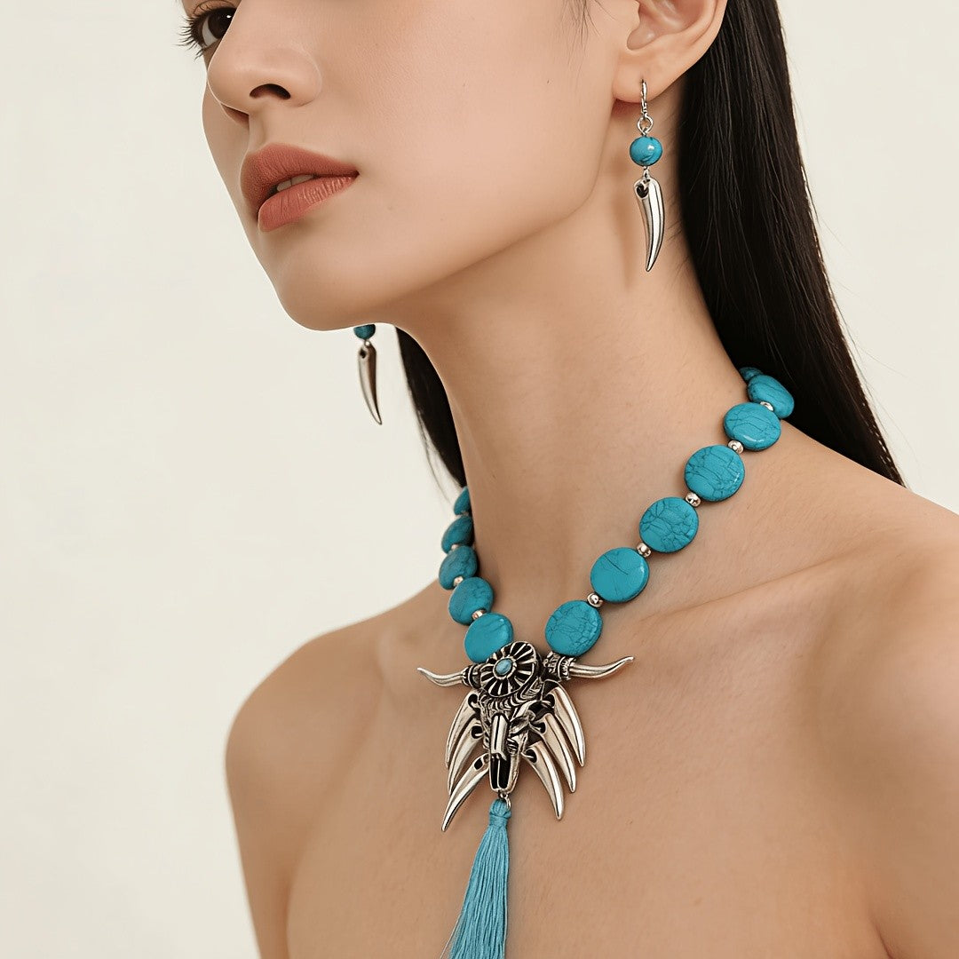 Turquoise Bull Head Necklace Set
