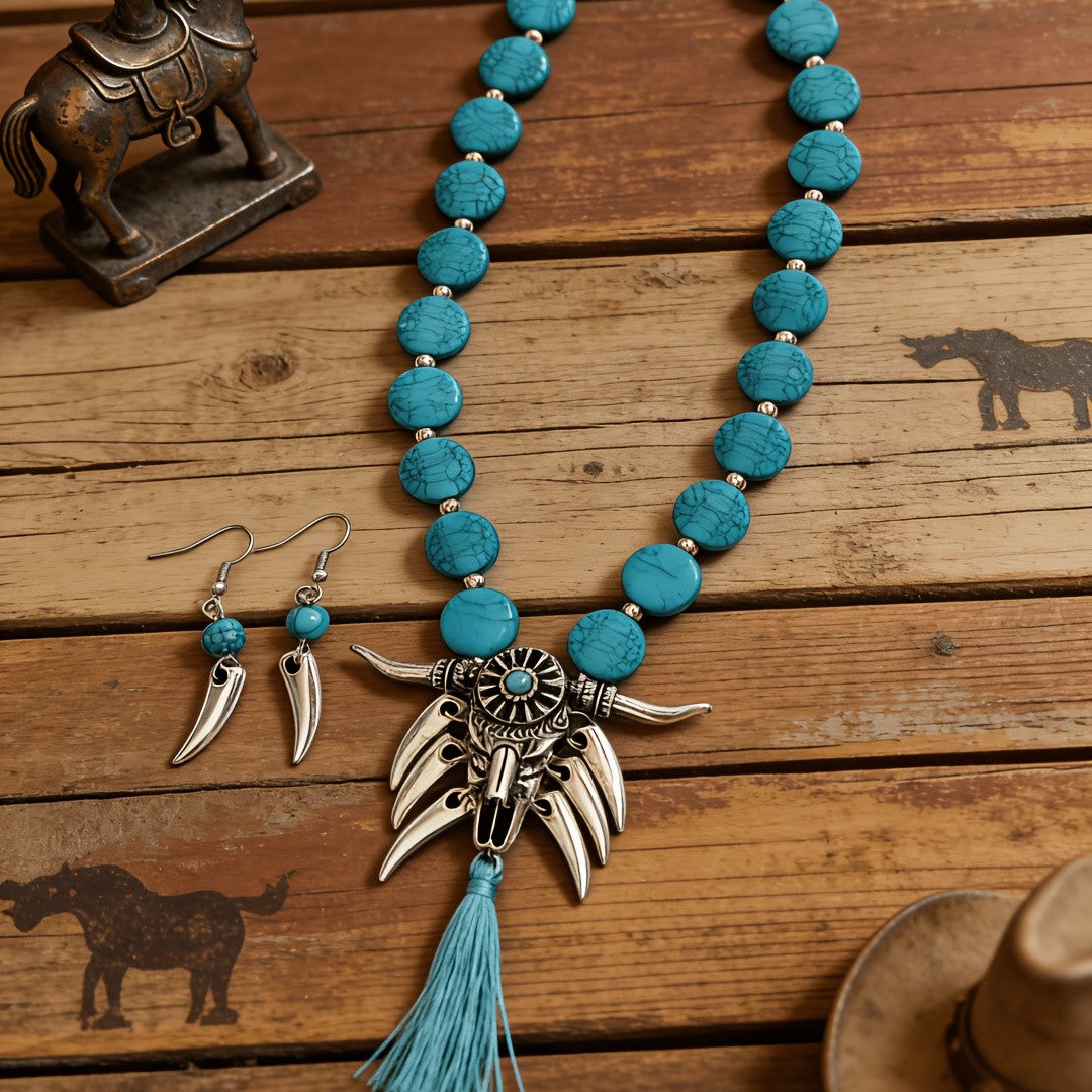 Turquoise Bull Head Necklace Set