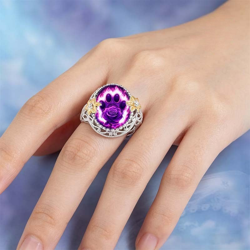 Purple Rose & Paw Print Ring