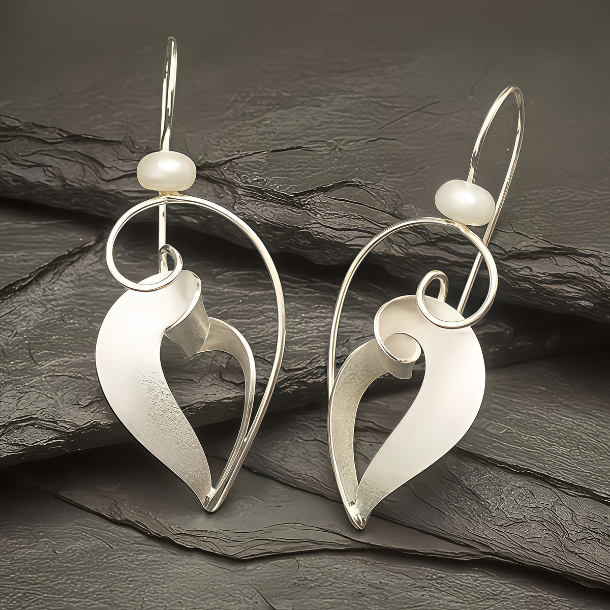 Curved Leaf Pearl Drop Earrings