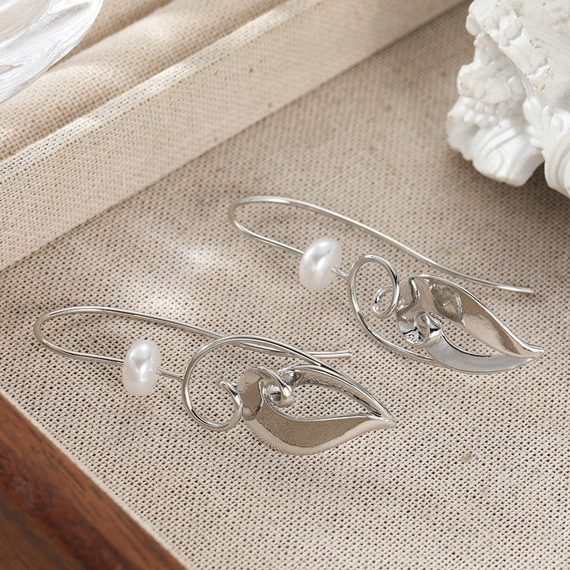 Curved Leaf Pearl Drop Earrings