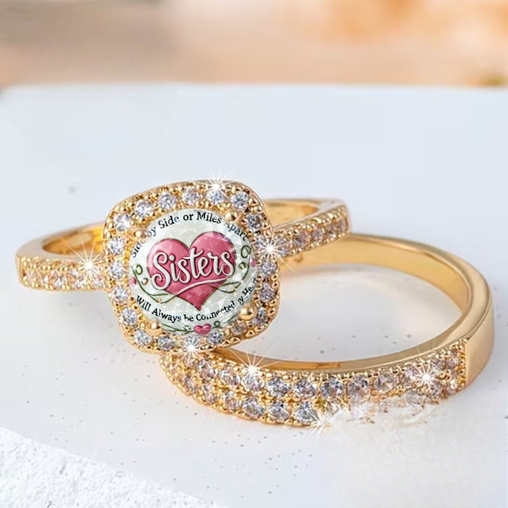 Sisters Heart Crystal Ring Set