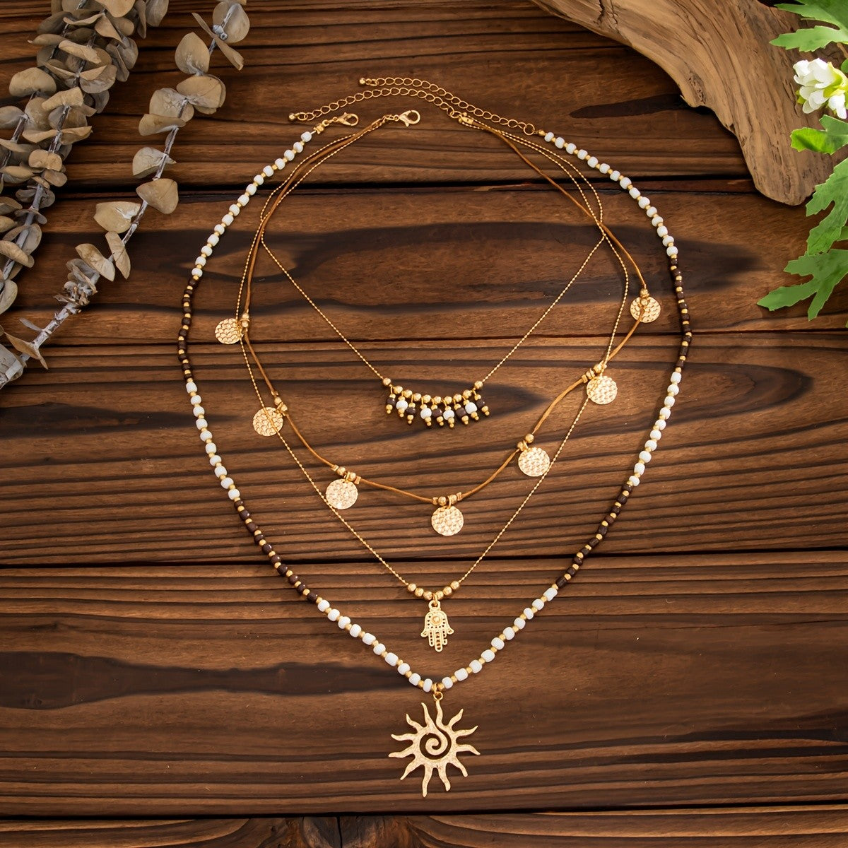 Sun & Bead Layered Necklace Set